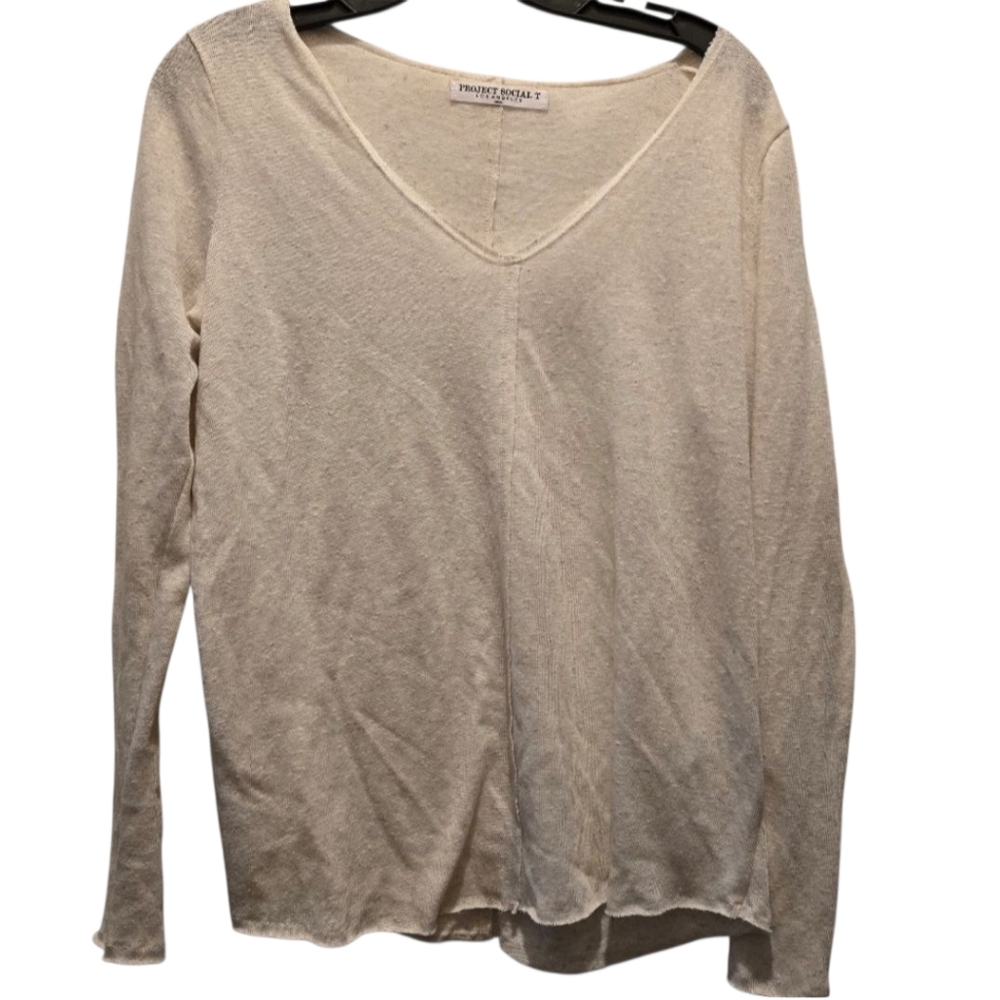 NWOT Project Social V Neck Tee S Long Sleeve Neutral Tshirt Relaxed Fit Loose